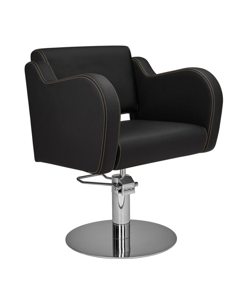Ayala Holly 01 P-7 Scaun de Coafor Negru cu Cusături Aurii și Bază Rotundă Cromată Argintie