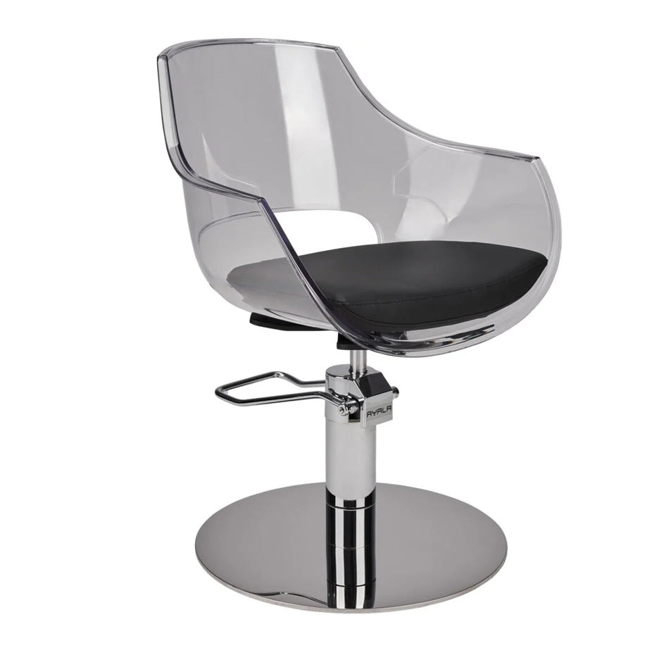 Ayala Ghost 01 – Scaun de Coafor Transparent cu Bază Rotundă Argintie
