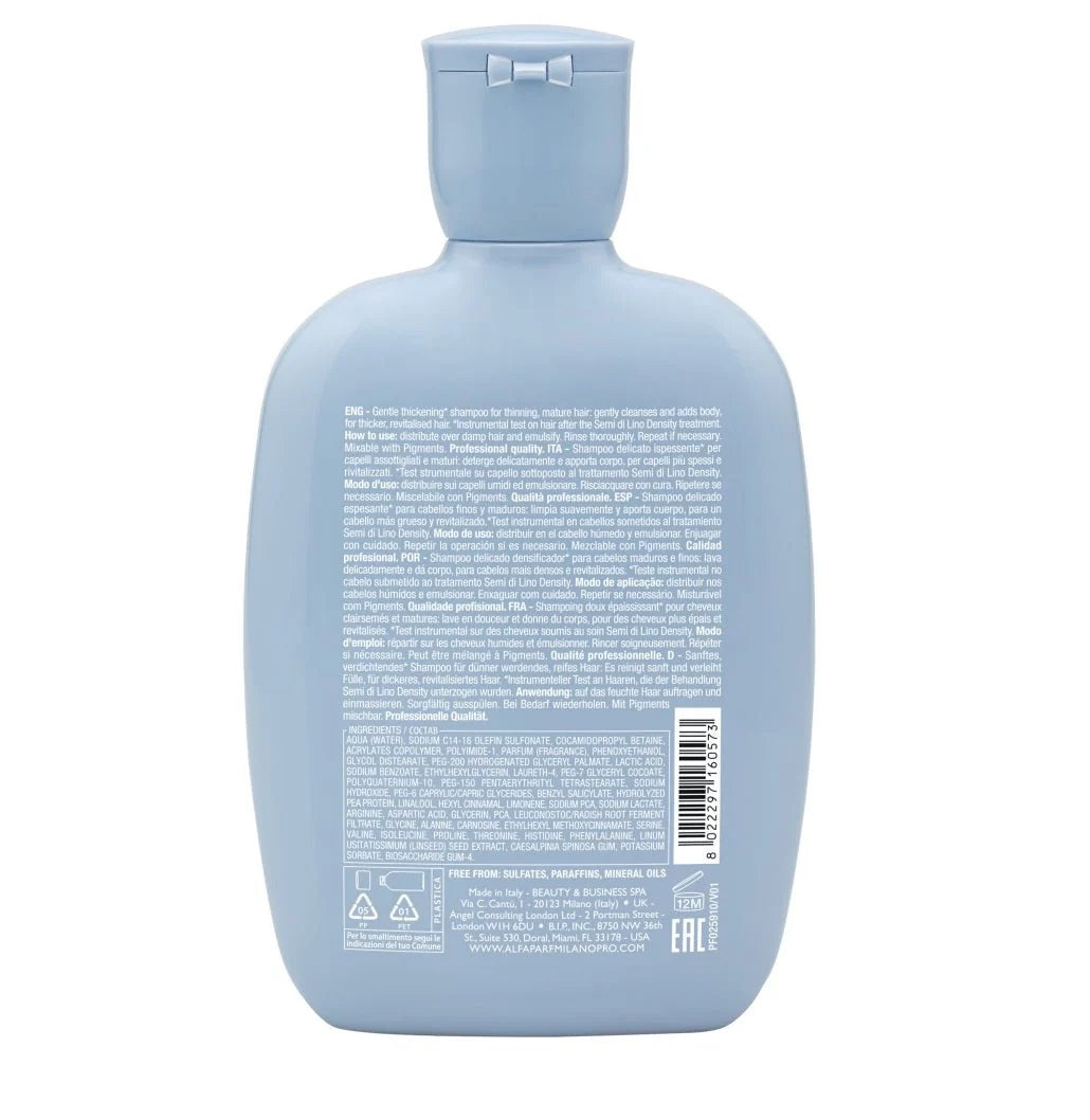 Spate flacon Alfaparf Semi di Lino Thickening – listă ingrediente și informații produs profesional.