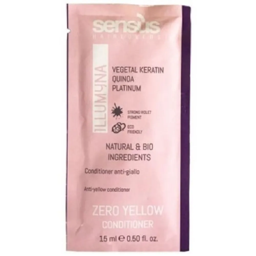 Sensus Illumyna Zero Yellow Balsam Anti-Galben cu Keratină Vegetală, Quinoa și Biopeptidă de Platină – Luminozitate Platino pentru Blonduri Reci și Păr Gri Desăvârșit, mostră 15ml