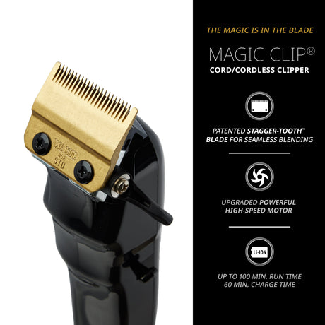 Wahl 5-Star Cordless Magic Clip Black – Mașină de Tuns Profesională cu Lamă Stagger-Tooth, Motor Puternic și 8 Piepteni Premium