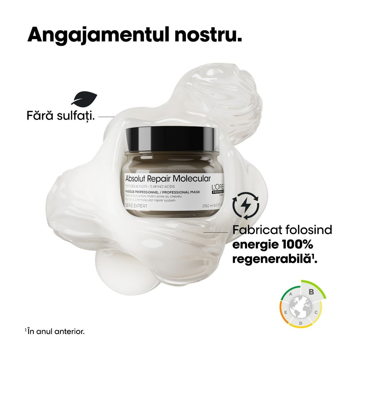 Mască L'Oréal Absolut Repair Molecular: repară părul deteriorat, oferind rezistență și strălucire.


