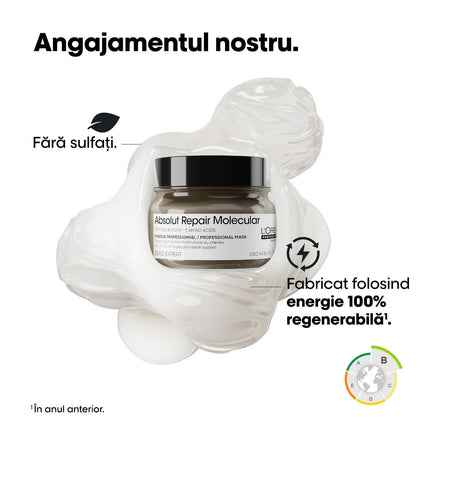 Mască L'Oréal Absolut Repair Molecular: repară părul deteriorat, oferind rezistență și strălucire.


