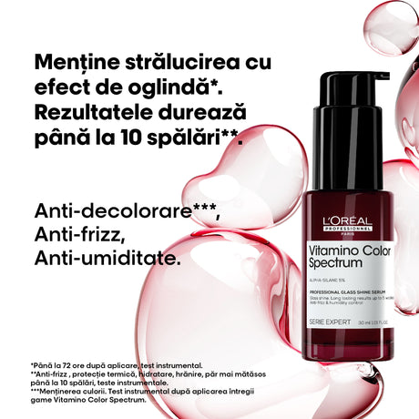 Serum L’Oréal Professionnel Vitamino Color Spectrum Glass Shine – Strălucire Oglindă, Protecție UV & Termică 230°C, Anti-Frizz, 10 Spălări, 5% Alpha-Silane, Vegan & Fără Sulfați